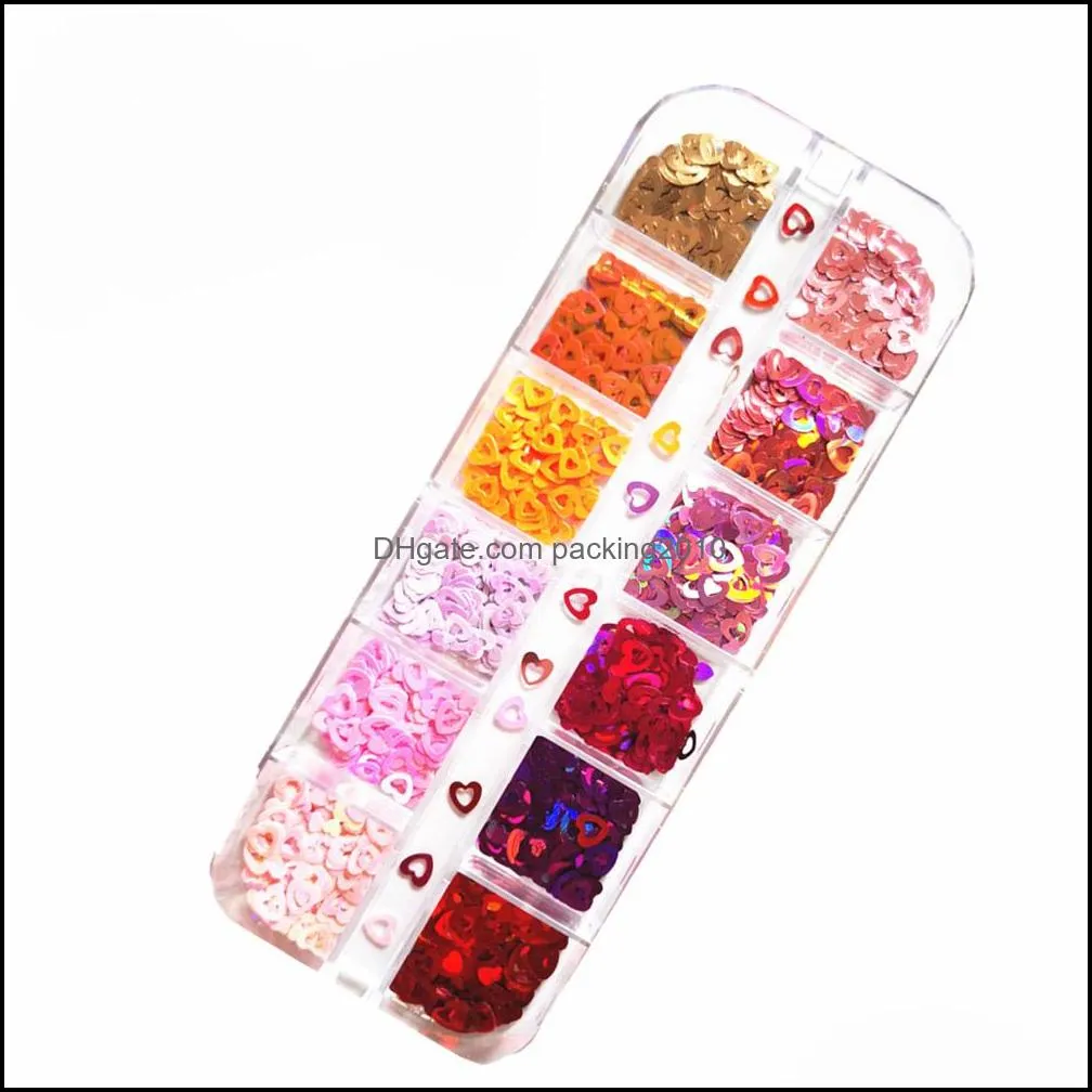 12 Grids Heart Nail Glitter Flakes 3D Sweet Sequins Design Nail Art Accessories Decals Valentines Day Decorations Manicure PPD4464