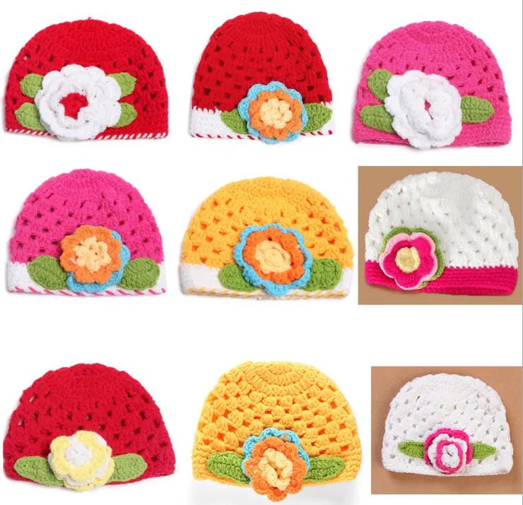 Belle fille printemps été automne respirant parasol casquettes couleur crochet à la main 3d fleur tricoté bonnet/crâne casquettes