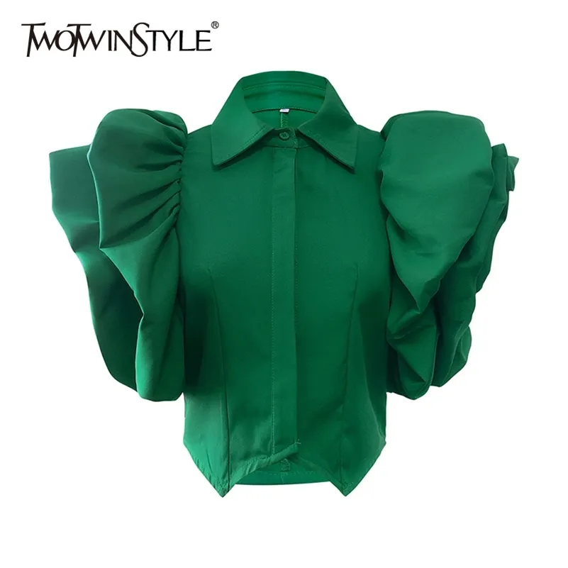 TWOTWINSTYLE Vintage Ruffles Women Blouse Lapel Collar Butterfly Short Sleeve Loose Shirt Female Fashion Clothes Spring New 210302