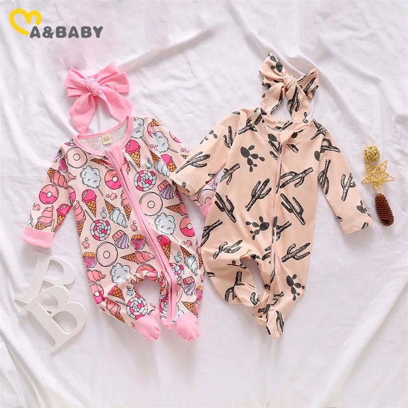 MaBaby 0-6M Neonato Neonate Footies Cute Ruffles Tuta manica lunga Cactus Donuts Stampa Autunno Baby Girl Clothes 210317