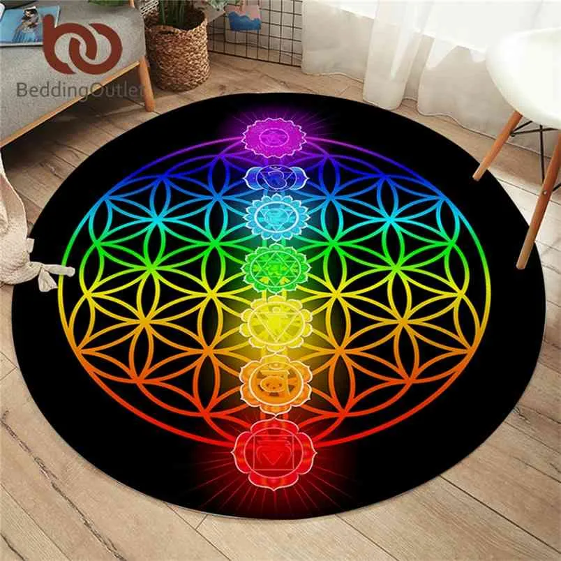 BeddingOutlet Chakra Tapis Ronds Pour Salon Zen Thème Maison Tapis Coloré Fleur de Vie Chambre Tapis De Sol Décor À La Maison 210917