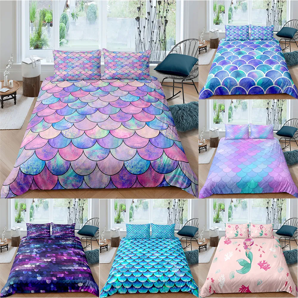 ZEIMON 2/3Pcs Set di biancheria da letto a squame di pesce Copripiumino colorato a scaglie di sirena con federa Queen Kids Girls Dropship 210309