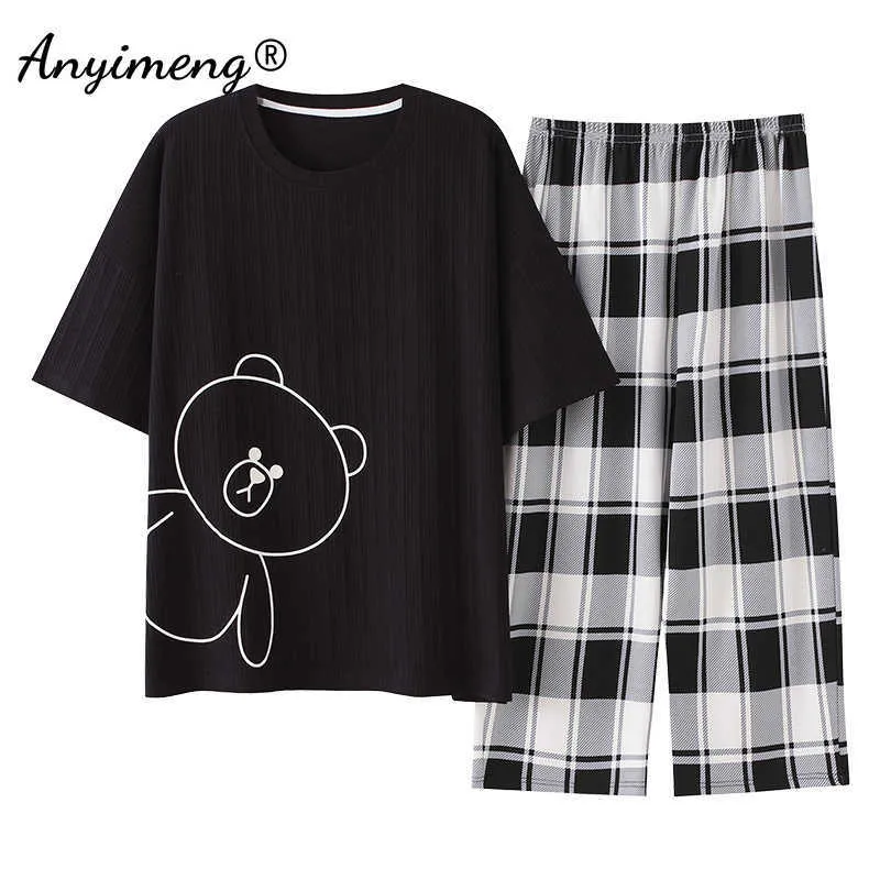 Moda de algodão pijama conjunto mulheres verão manga curta 4xl 5xl grande sleepwear urso preto impresso xadrez calça pijama feminina 210622