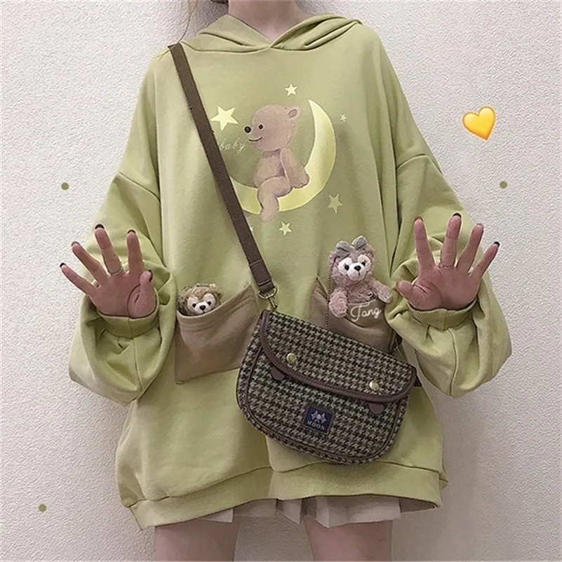 Harajuku Lolita Bear Baby Sweat-shirt graphique Femmes Kawaii Vêtements Printemps Surdimensionné Lâche Épais Sweats à capuche Long Tops Schoolgirl 201103