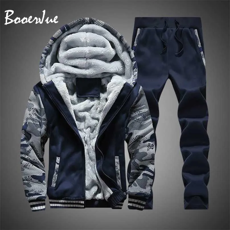 TRACKSUIT MEN Vinter Camouflage Hoodies Casual Hooded Warm Sweatshirts Tjock Fleece 2PC Jacka + Pant Män Moleton Masculino M-4XL 211109