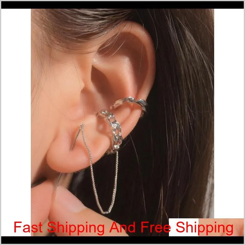 huanzhi 2020 new simple gold metal asymmetry long tassel no piercing ear cuff crystal hook clip earrings for women jewe jllyjk