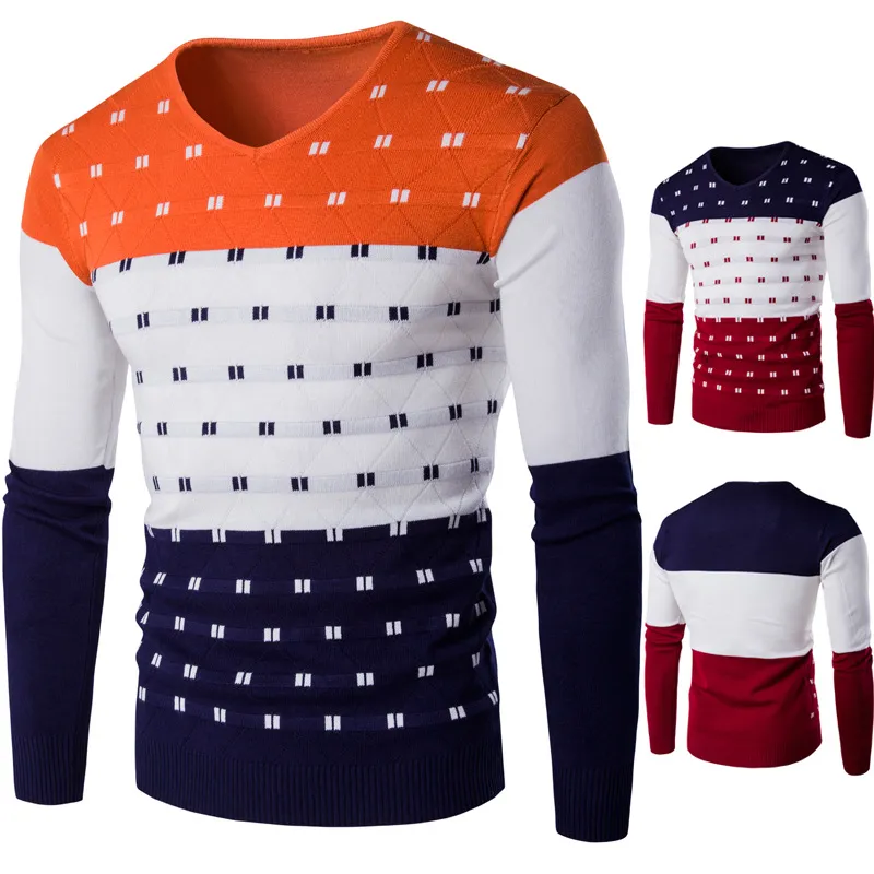 Primavera Outono Patchwork Sweater Algodão Fino Magro V-pescoço Pullover Simples Aquecedor confortável Produto Comida Price