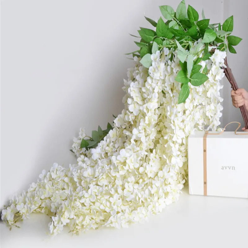 Weiße künstliche Hortensienblume aus Seide, Wisteria-Girlande, hängende Verzierung für den Garten, Zuhause, Hochzeit, Dekoration, 165 cm/Stück