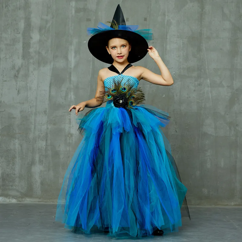 Elegant Peacock Feather Costume Girls Fluffy Layered Peacock Tutu Dress with Witch Hat Kids Pageant Party Ball Gowns Dresses (8)