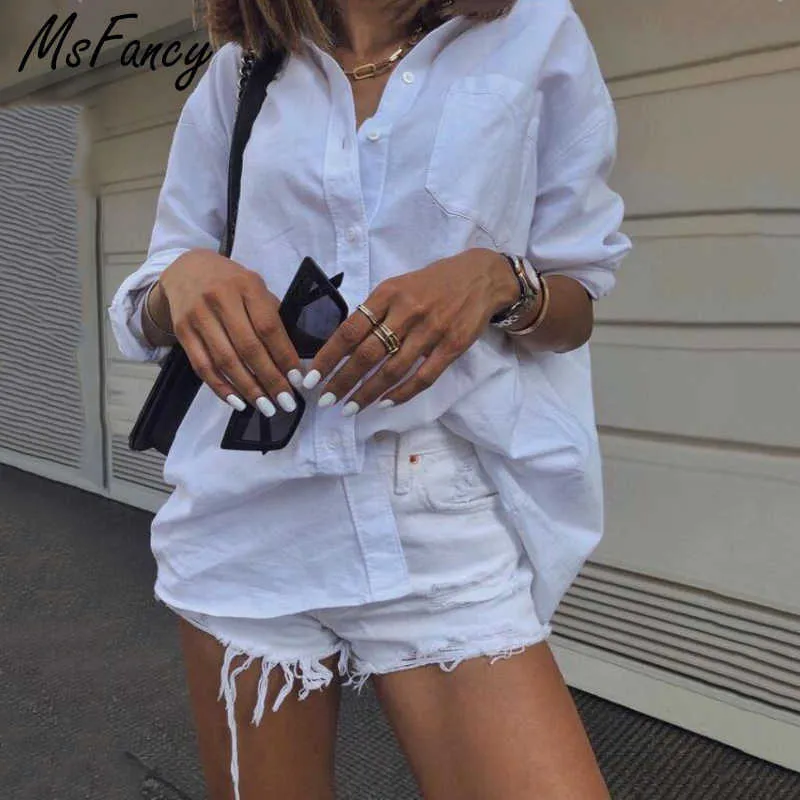 Msfancy Camicetta bianca estiva da donna Camicia casual oversize in cotone a maniche lunghe Vetement Femme 210604