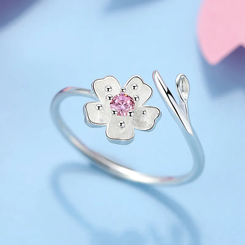 Minimalistisk fingerring blomma index rosa zircon kvinnors japanska och koreanska kreativa studenter ring temperament romantiska körsbärsblommor öppning