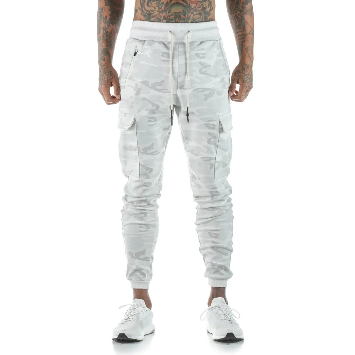 GODLIKEU Mens Camo Cargo Pants Casual White Camouflage Fitness Training