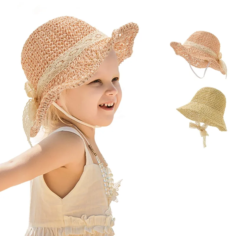 Chapeau de paille à nœud d'été pour enfants, chapeaux de plage pour filles et garçons, casquette de soleil tressée en herbe pour enfants, casquettes à visière de pêcheur M3374