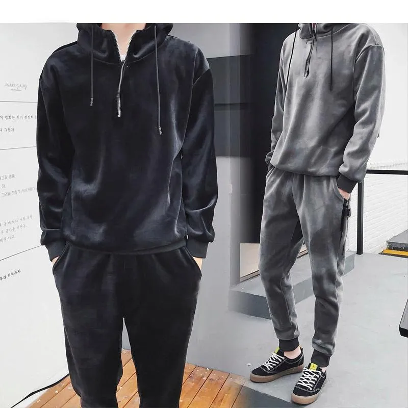 Mäns Tracksuits Höst Vinter Mjuka Varma Män Hoody Hoodie And Jogger Byxor 2Pieces Outfit Velour TrackSuit Koreanska Gold Fashion Velvet Track