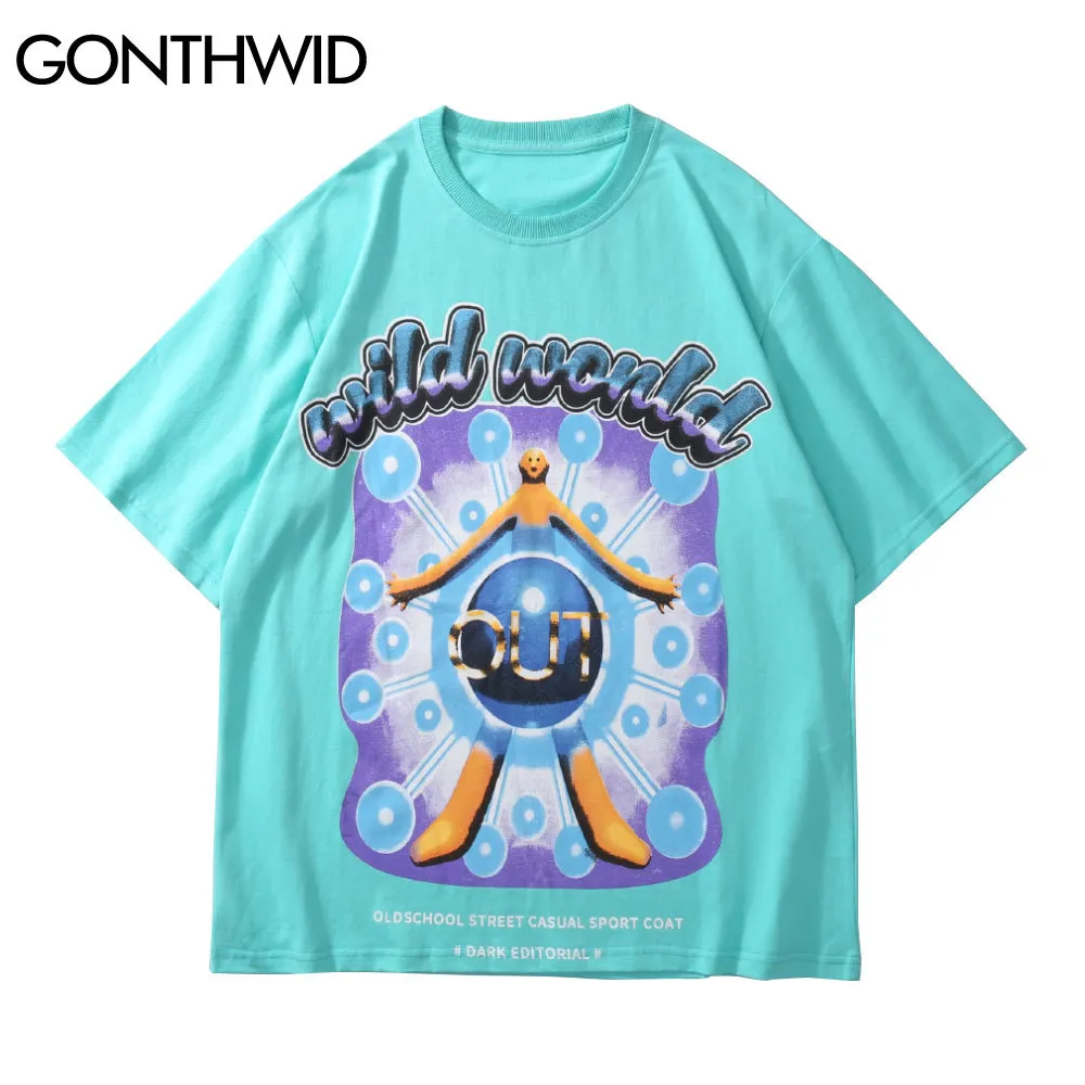 Gonthwid tees shirt harajuku streetwear homens planeta verão urso desenhos animado impressão manga curta t - shirts Hip Hop Casual tops soltos C0315