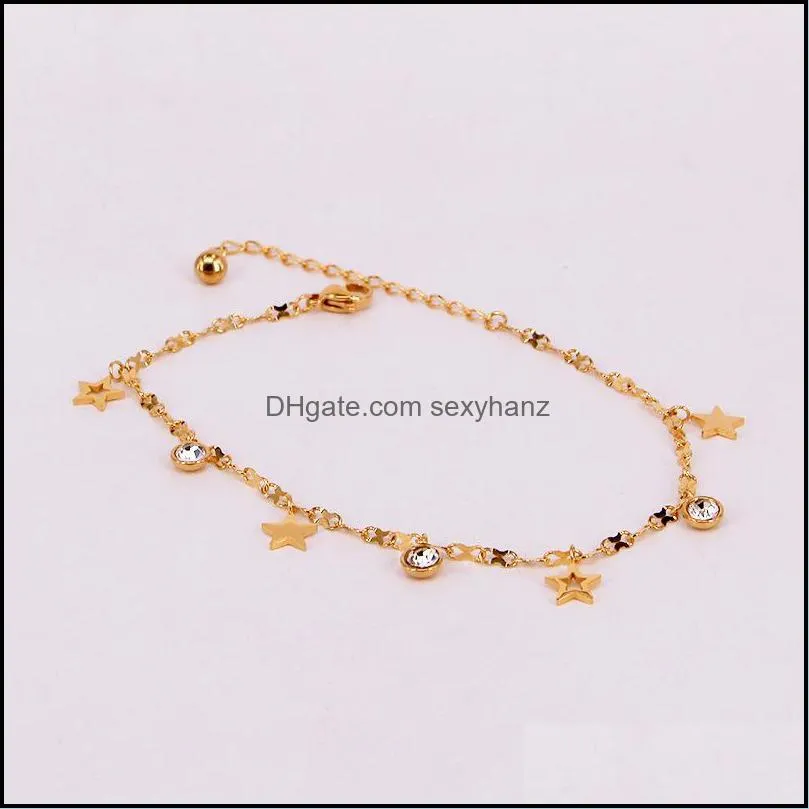 Anklets Fashion Stainless Steel Love Small Star Charm Chain Rose Gold Color Crystal Round Ankle Bracelet Woman Gift