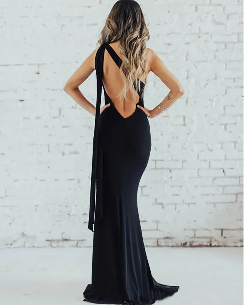 Black One Shoulder Mermaid Black crepe bridesmaid dress with Ribbon Back - Sexy and Elegant Wedding Guest Gown Black One Shoulder Mermaid Black crepe bridesmaid dress with Ribbon Back - Sexy and Elegant Wedding Guest Gown