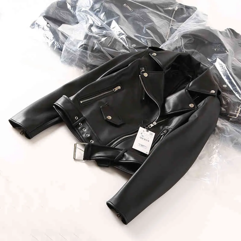 Ailegogo automne femmes noir Pu Faux cuir veste Streetwear Moto Biker Slim Fit col rabattu manteau Outwear avec ceinture