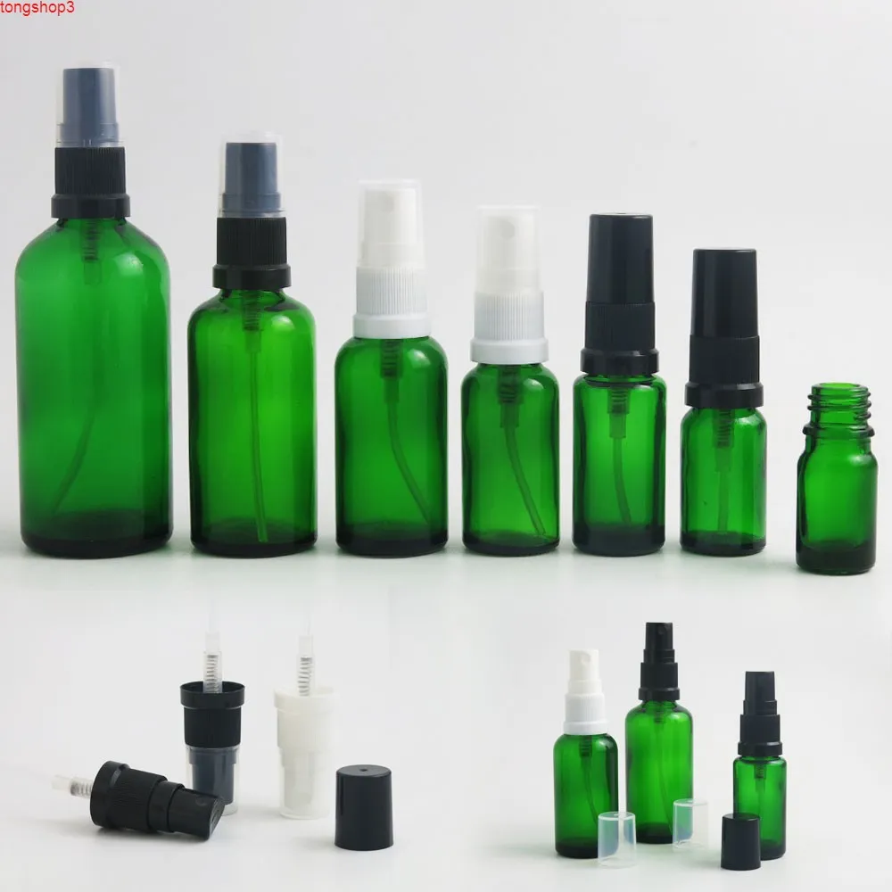 Bouteille en verre vert 20pcs avec pulvérisateur de brouillard en plastique blanc noir Petit parfum 5ml 10 ml 15 ml 20 ml 30 ml de 50 ml de 100mlHigh Qualtitude