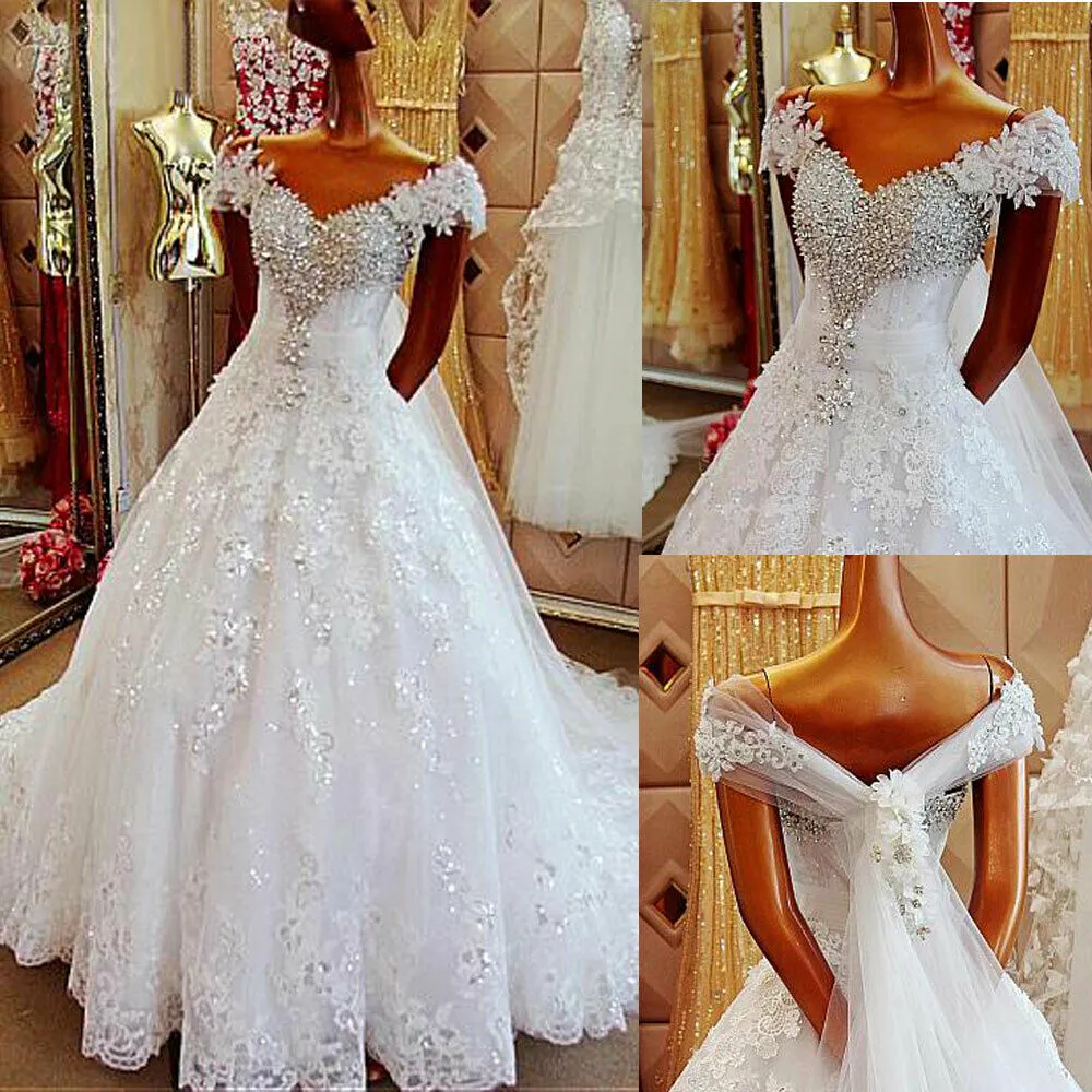 2021 Sparkly Ball Suknia Ślubna Dresse White Off Ramię Luksusowe Kryształ Zroszony Saudyjska Arabska Dubai Bridal Gown Plus Size