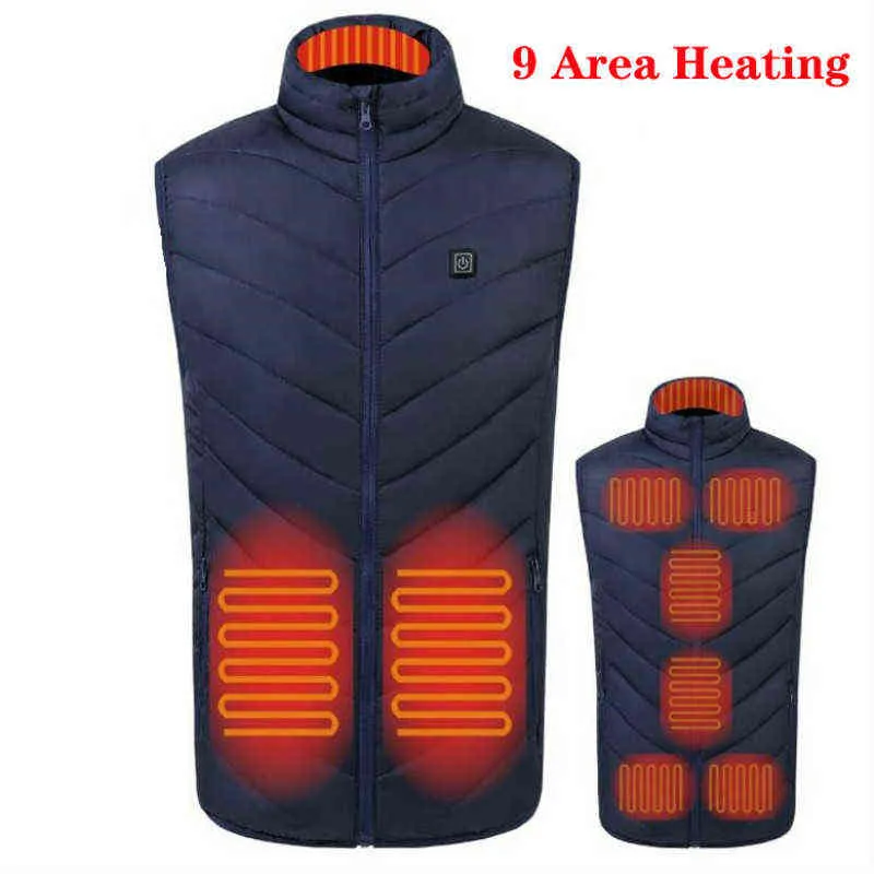 9 Platser uppvärmd väst för män Kvinnor USB Uppvärmd jacka Uppvärmning Vest Thermal Clothing Hunting Vest Winter Heat Jackets 211120