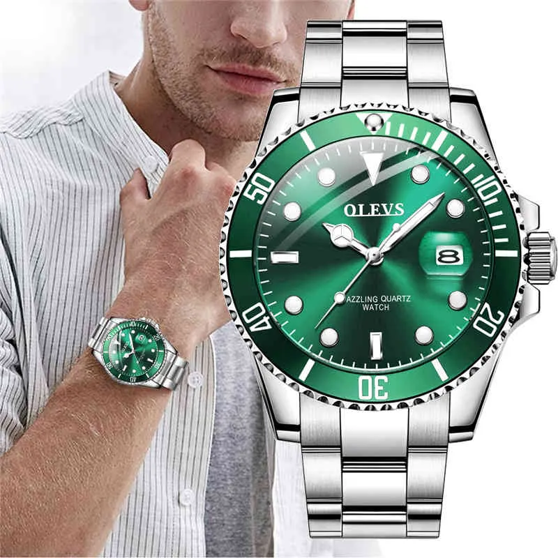 Designer Luxe Merk Horloges Olevs Mens Es Top Mode Waterdicht Lichtgevende Hand Green Dial Quartz Sports Polsgeschenken voor Mannen