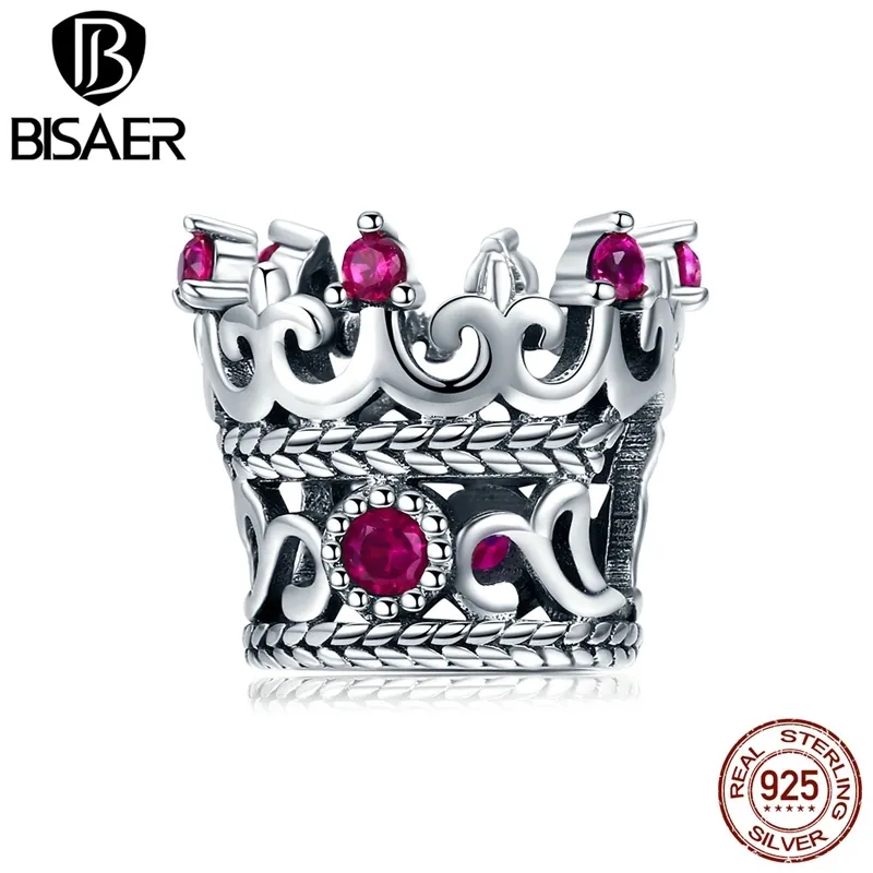 Bisaer 925 Sterling Charms Princess Queen Crown Różowy CZ Koraliki Fit dla Bransoletka Silver 925 Dokonywanie biżuterii