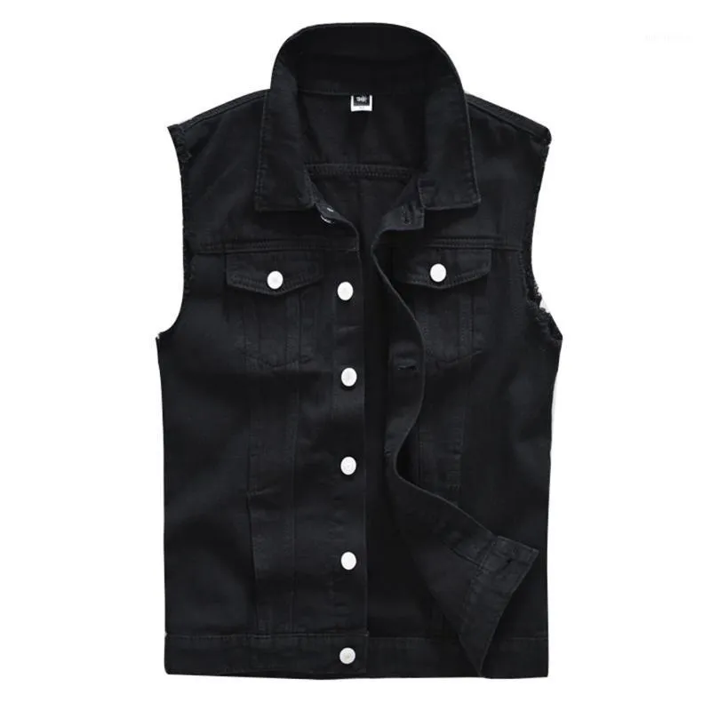 Men's Coat Vests Cotton Ripped Jeans Sleeveless Jacket Black Denim Vest Single-breasted Male Hip Hop Washed Cowboy Waistcoat Jackets