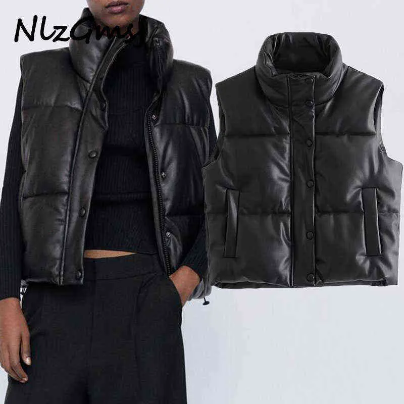 Nlzgmsj za parka mulheres inverno preto quente faux couro colete mulheres moda zipper mangas casaco tops feminino casual curto outwear 211130