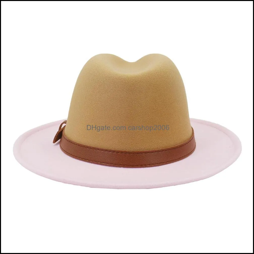 2022 Unisex Camel-pink Patchwork Jazz Panama Woolen Felt Fedora Hat for Women Men Elegant Vintege Cotton Hat Wholesale