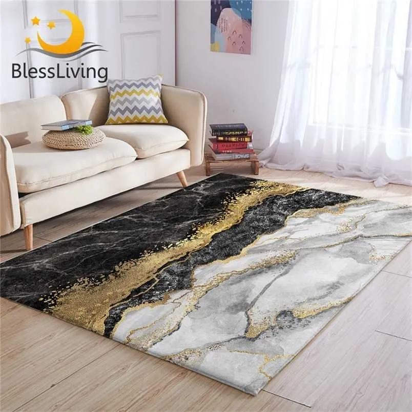 BlessLiving Tapis de luxe pour salon Gold Glitter Marble Centre Tapis Noir Gris Moderne Chambre Tapis 122x183cm Drop Ship 211204