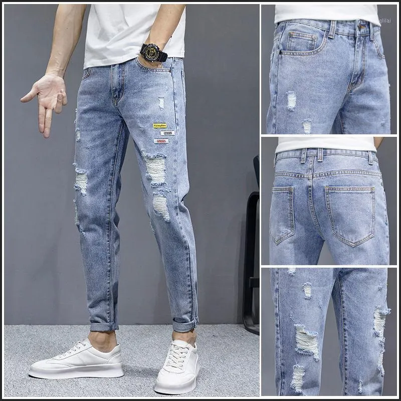 Männer Hosen Frühling 2021 Zerrissene Nine-Cent Jeans Für Männer Schlanke Und Kleine Füße Freizeit Sommer Beggars Logo Lange Hosen