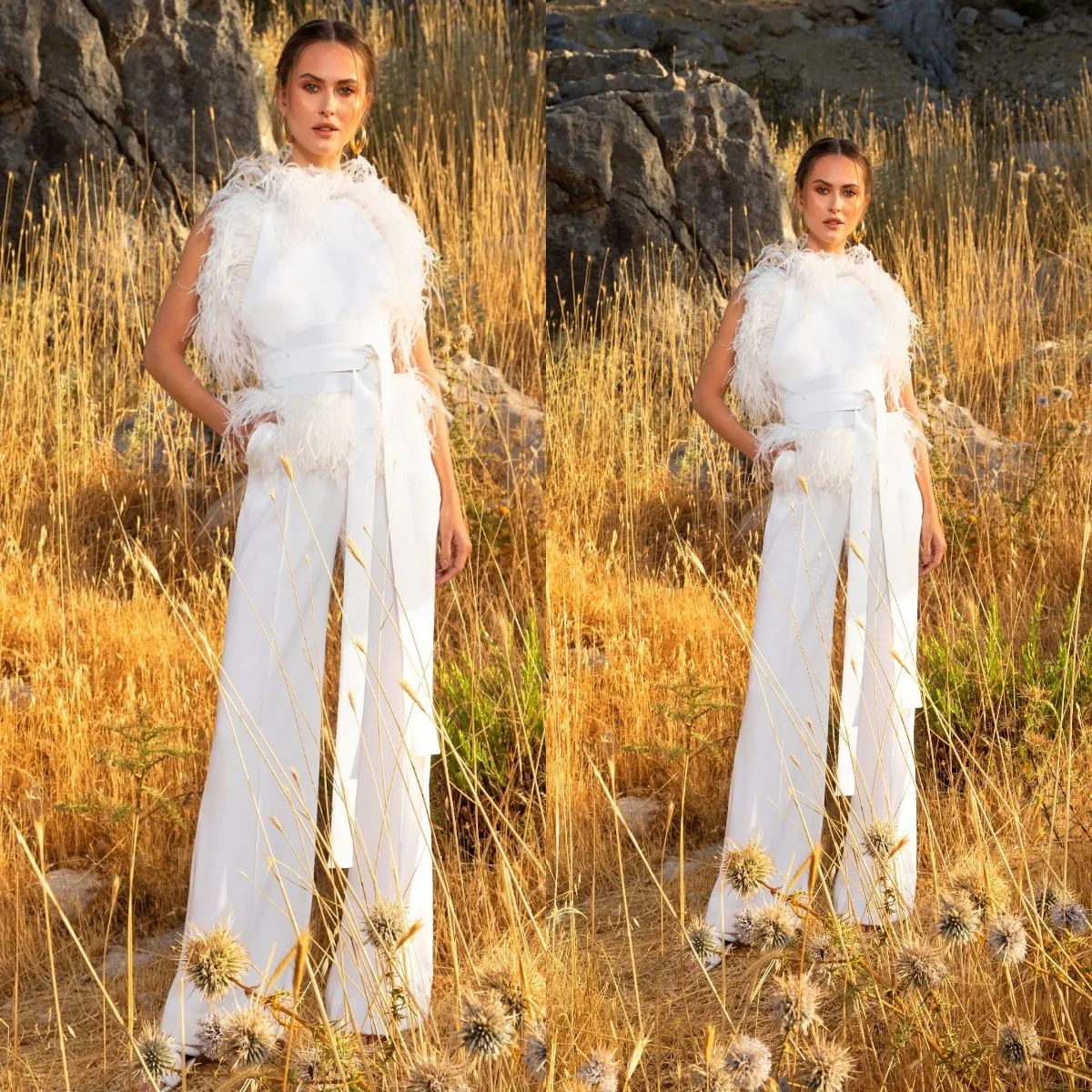 2021 vit bröllop jumpsuit med struts fjäder fotled längd satin boho brudklänningar skräddarsy böhmisk bröllopsklänning