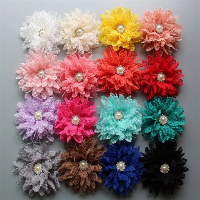 15% di sconto sul nuovo stile 4 "14 colori Shabby Pizzo Fiori per capelli Bottone in metallo con strass Fiori in tessuto artificiale Fasce per bambini 120 pezzi 348 U2