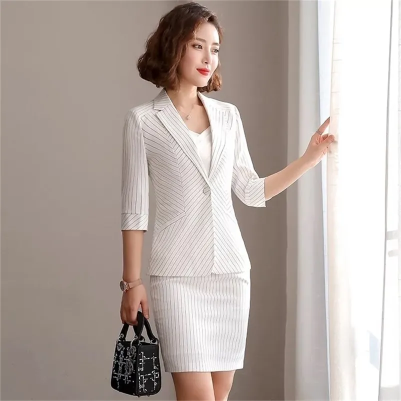 été dames jupe costume ensemble tenue de bureau décontractée coupe ajustée rayé femmes blazer pantalon élégant de haute qualité 210527