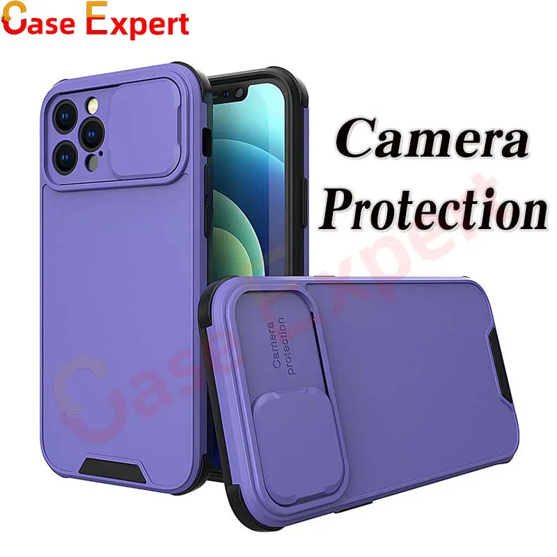 Slide Câmera Protetor Híbrido 2 em 1 casos para iPhone 13 Pro Max 11 12 XS XR 7 8 Samsung A20S A51 A71 A32 A52 A72