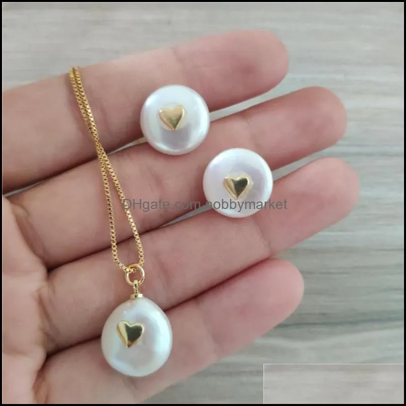 Earrings & Necklace Chic Tiny Gold Heart Charm Freshwater Pearl Bead Dainty Thin Link Hoop Button Women Stud Earring Pendant Jewelry