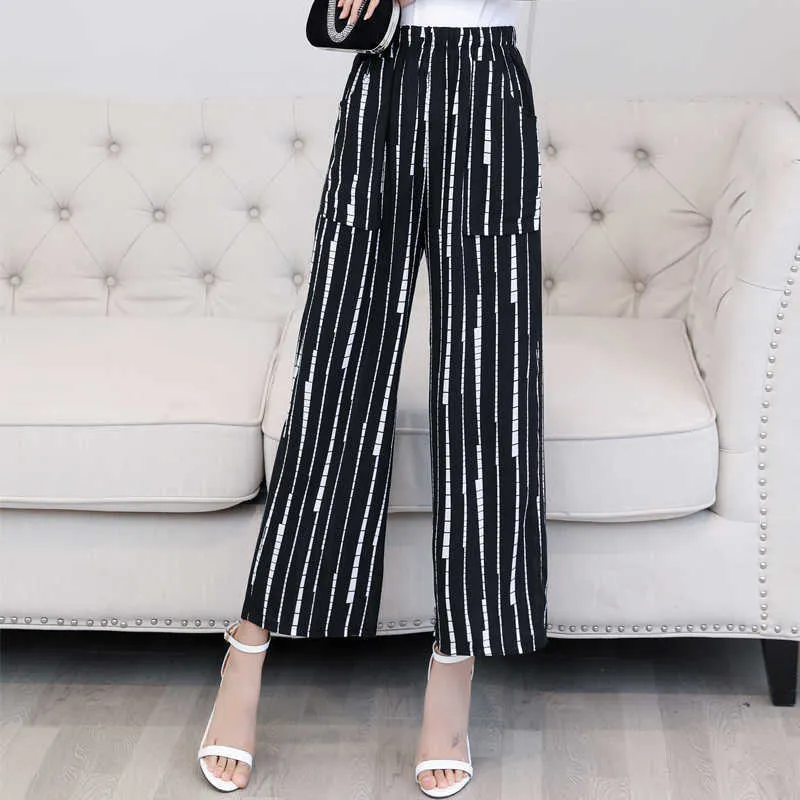 New Women Summer Plaid Pants Casual Retro Print Bohemian Wide Leg Pants Women Loose High Waist Trousers Beach Pants Q0801