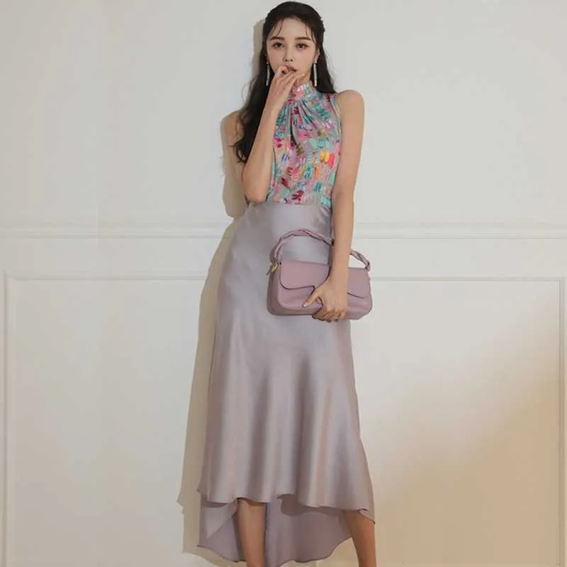 summer 2 Pieces Set Women's Sleeveless Print Tops + Irregular Mermaid Skirts Korean Chic Office Lady Suit 210531