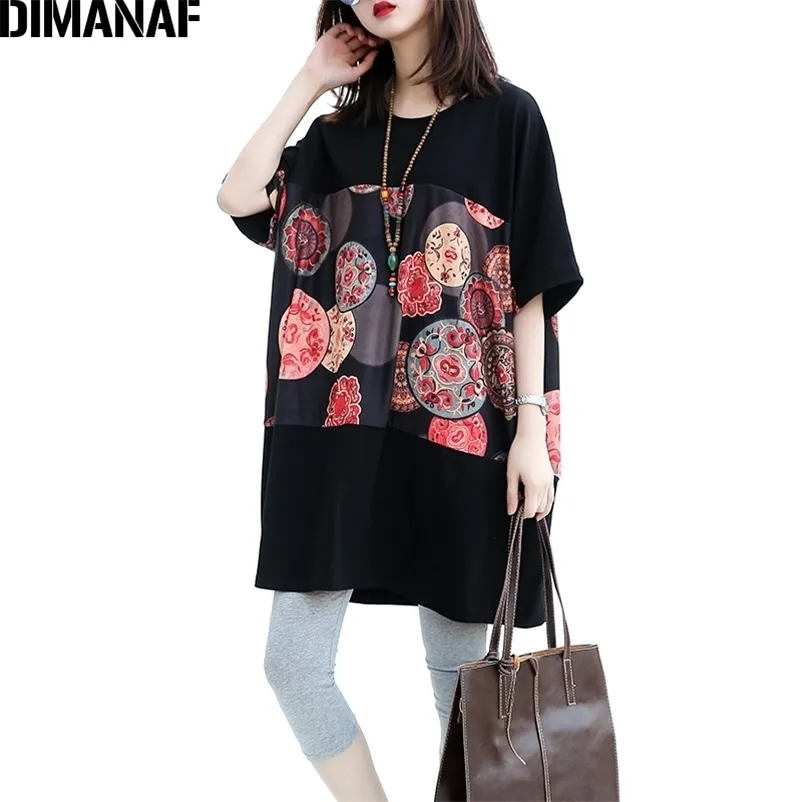 Dimanaf t-shirt oversized vrouwen kleding katoen zomer korte mouw vrouwelijke mode afdrukken Basic tops tuniek casual losse zwarte 210722