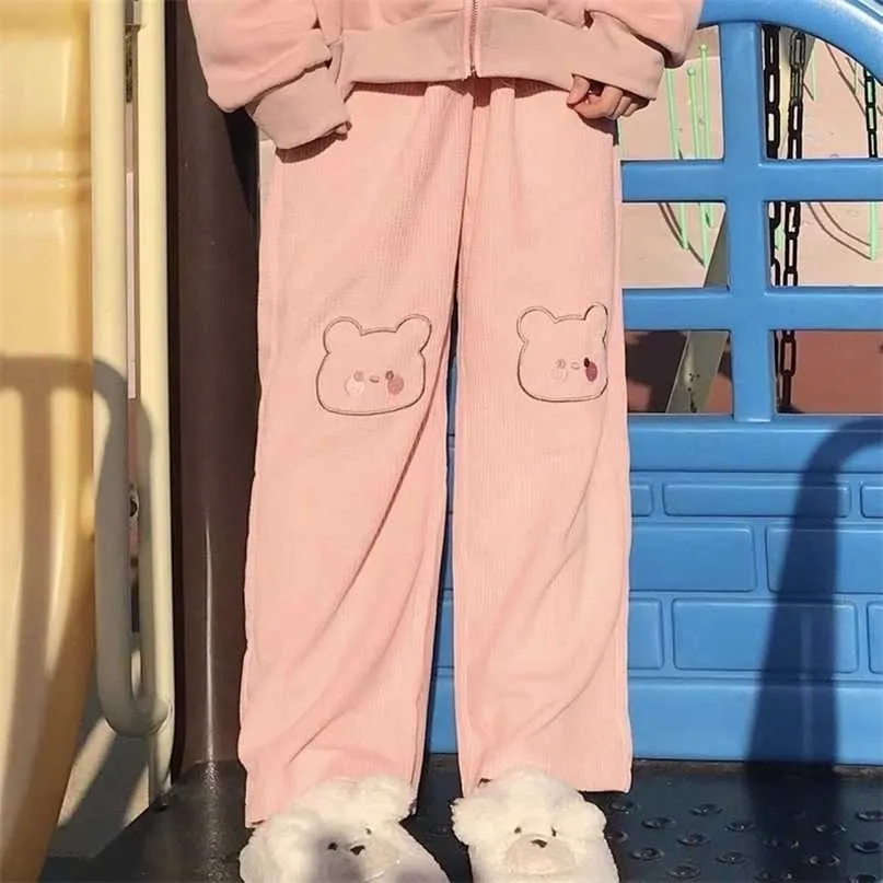 Qweek Harajuku Kawaii Corduroy широкие ноги брюки лолита мягкая девушка розовый мультфильм корейский мода милые брюки женские негабариты 21115