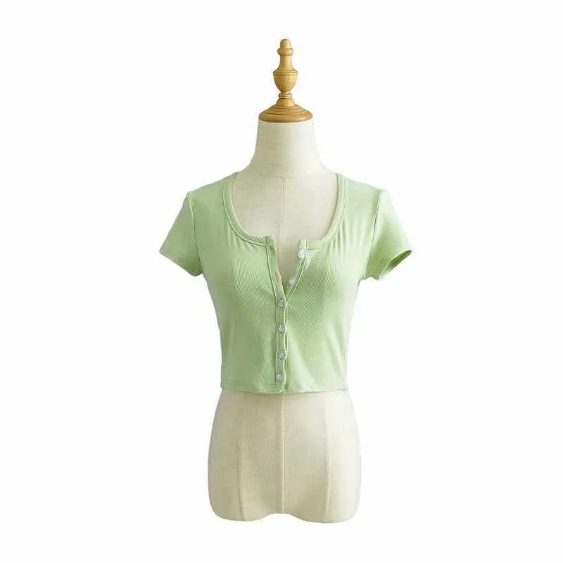 Sexig T-shirt V Neck Short Sleeve Casual Crop Top Kvinnor Knapp Strikkad Kortärmad Koreansk stil Ribbad Grön Sommarväxter X0628