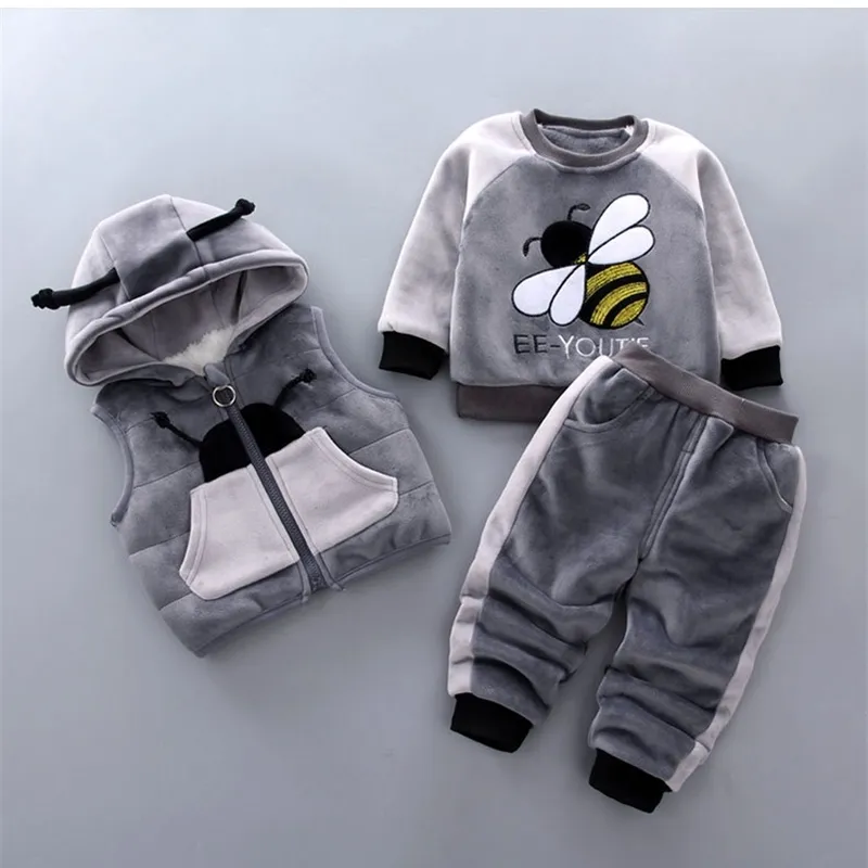 Baby Boy's Roupa Inverno Roupas Quentes De Ouro Veludo Cópia dos Desenhos Animados de Abelha Mais Veludo Grosso Camisola Bebé Com Capuz Colete 3 Piece Set 210309