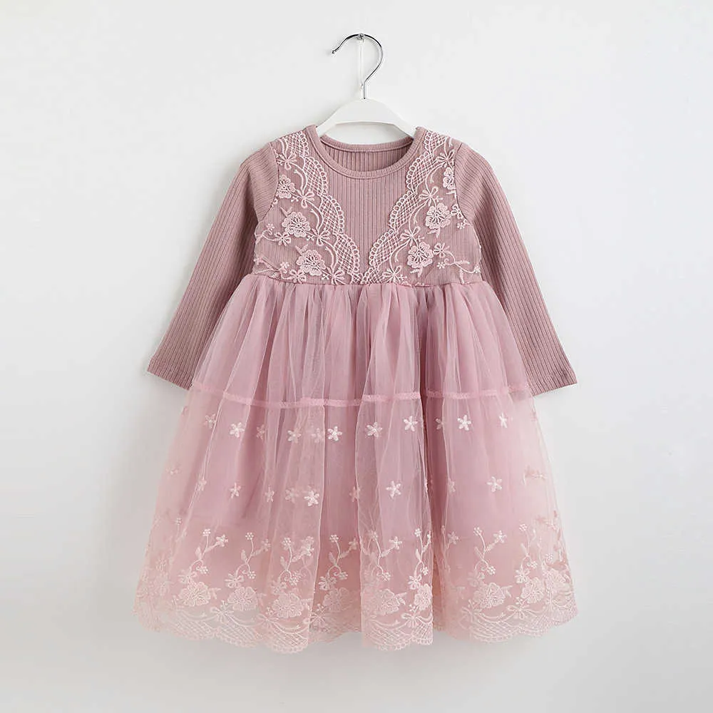 Vintage meninas de algodão laço princesa vestido para crianças manga longa tutu de mola com vestuário de fortaleza crianças 210529
