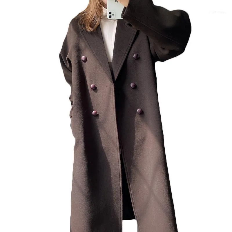 Femmes laine mélanges mode kaki laine manteau 2021 automne hiver vestes double boutonnage longue sur le genou M8581