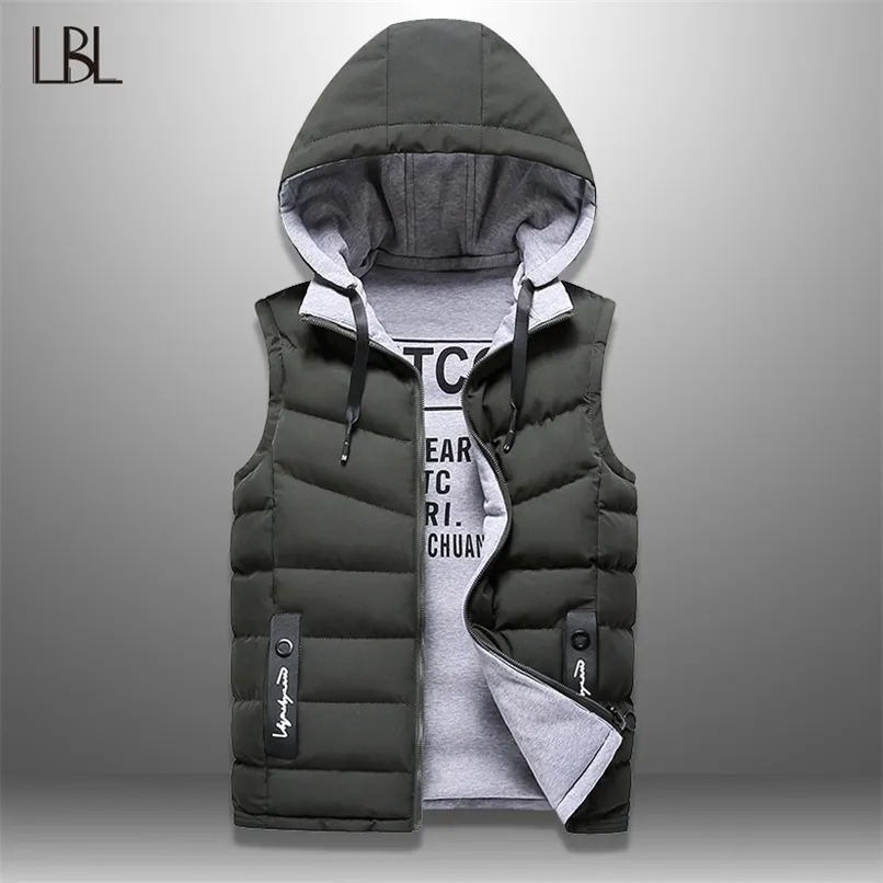 Mens Winter Vest Down Vest Men Casual Waistcoat Sleeveless Jackets Men Hooded Vest Worn On Both Sides Hat Detachable Top 4XL 210925