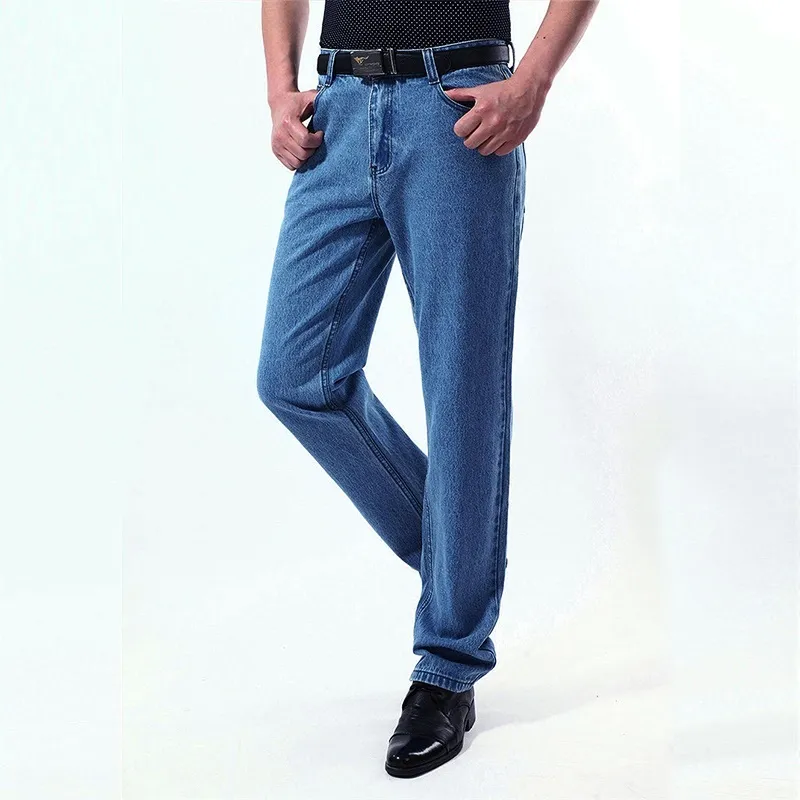 Jeans de cintura alta masculina preto tamanho grande estilo clássico calças jeans macho corte reto marido azul marido vintage cowboy calças homens