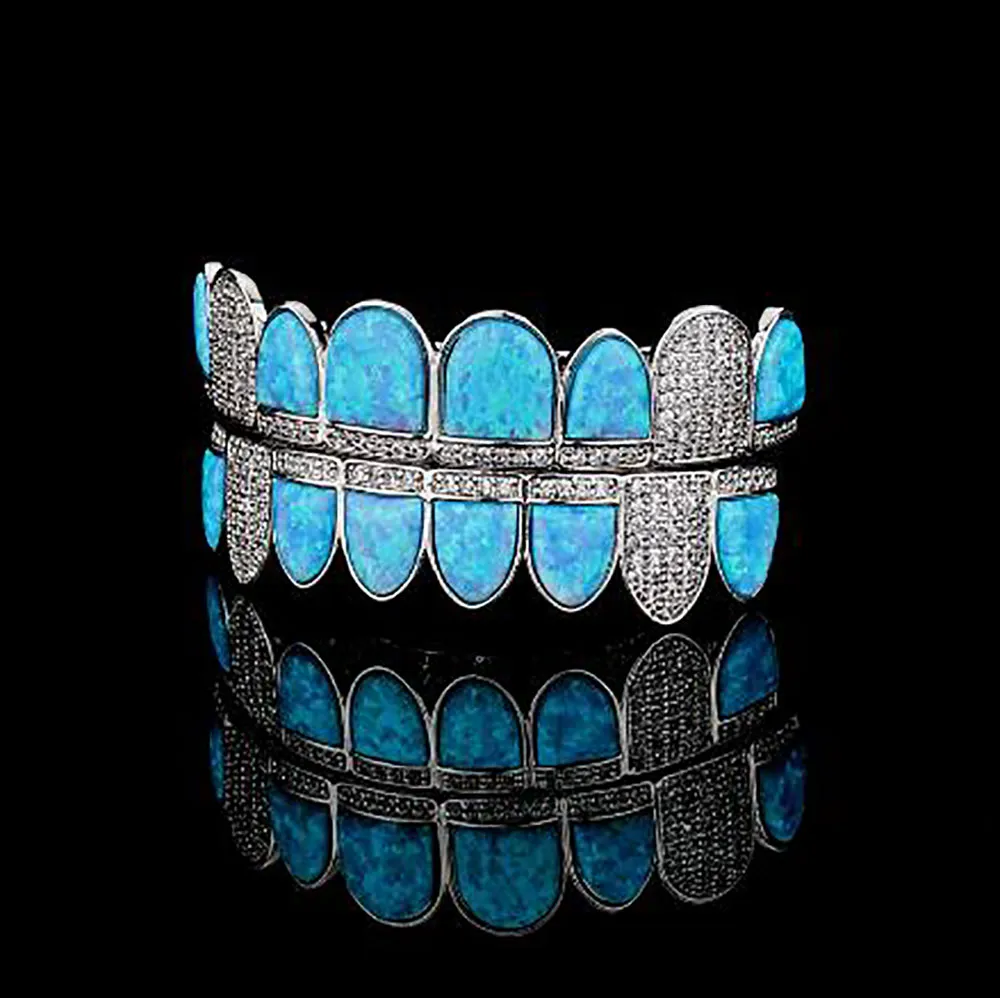 14k Gold CZ Vampier Tanden Grillz Iced Out Micro Pave Cubic Zirkoon Blue Opal 8 Tooth Hip Hop Grill Top Bottom Mond Grillzs Set met Silicon Molding Bar