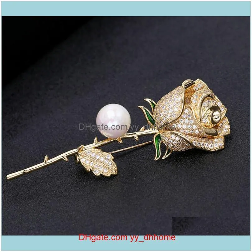 luxury high-end 18k gold-plated pearl rose flower brooch jewelry fashion sexy women high-quality brooch shiny zircon pins accessories