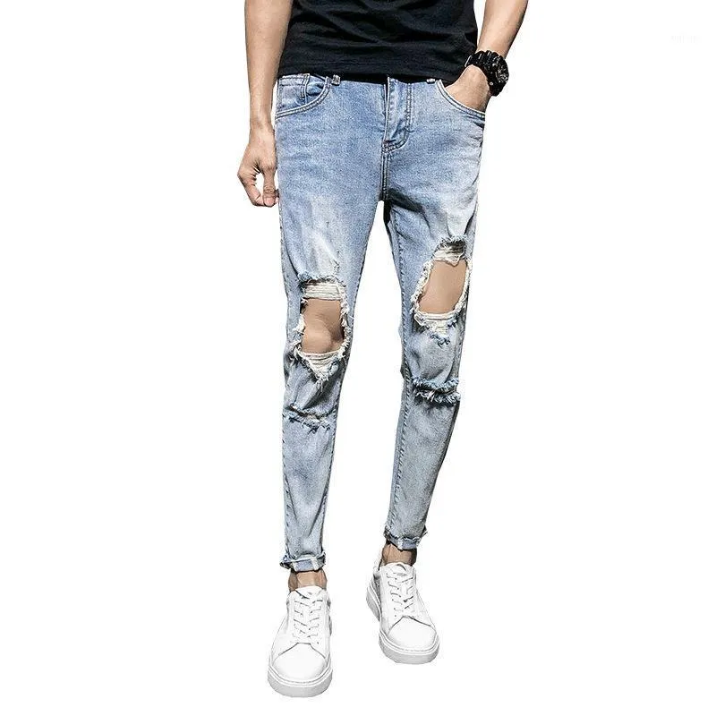 Wholesale 2021 Fashion Big Knee Hole Social People Jeans Male Beggars Ripped Trousers Spiritual Guy Ankle Length Pencil Pants Men's